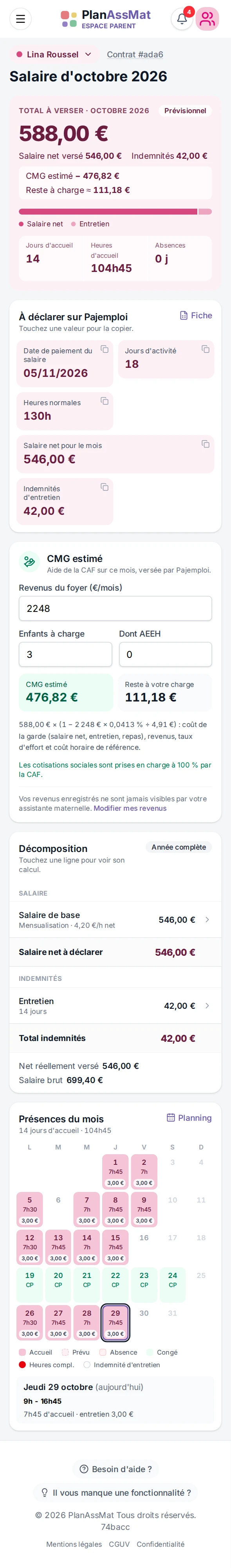Fiche de salaire mensuelle dans l'espace parent PlanAssMat sur mobile : décomposition, CMG et Pajemploi