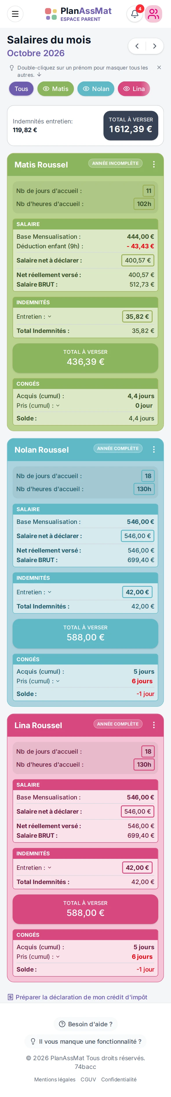 Salaires du mois par contrat dans l'espace parent PlanAssMat sur mobile