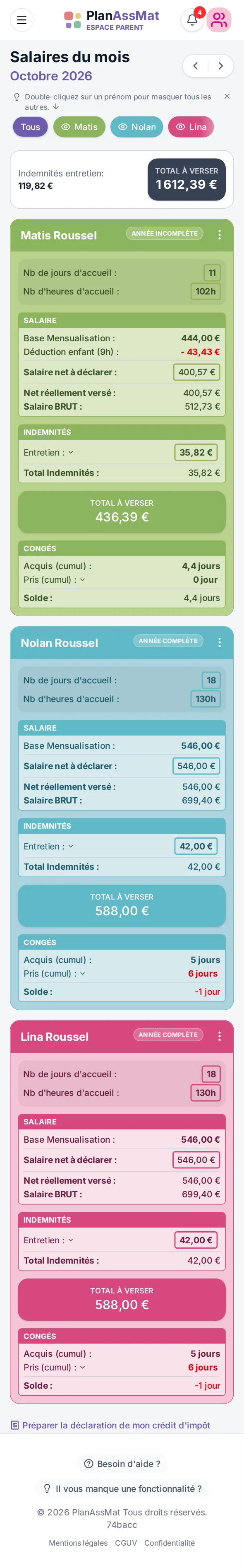 Salaires du mois par contrat dans l'espace parent PlanAssMat sur mobile