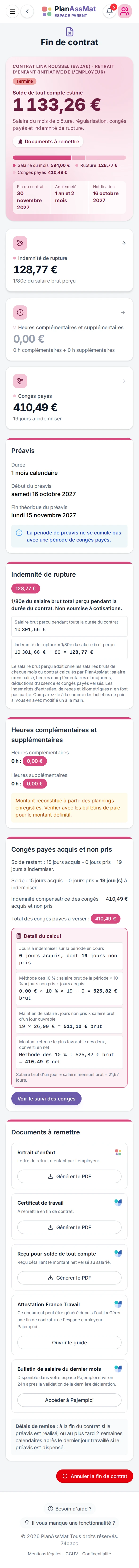Page « Fin de contrat » de l'espace parent PlanAssMat sur mobile : solde de tout compte estimé et documents de sortie