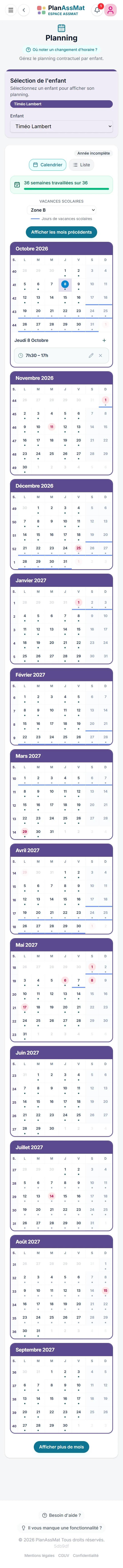 Planning annuel d'accueil d'un enfant dans PlanAssMat sur mobile, mois par mois