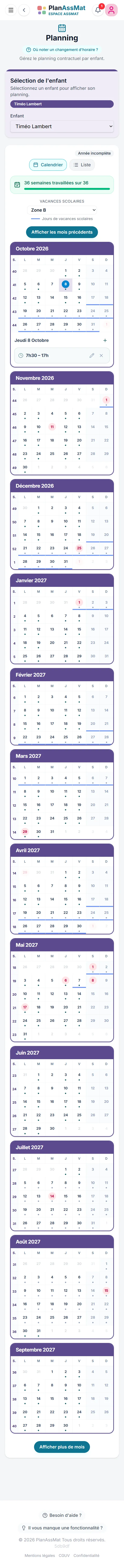Planning annuel d'accueil d'un enfant dans PlanAssMat sur mobile, mois par mois
