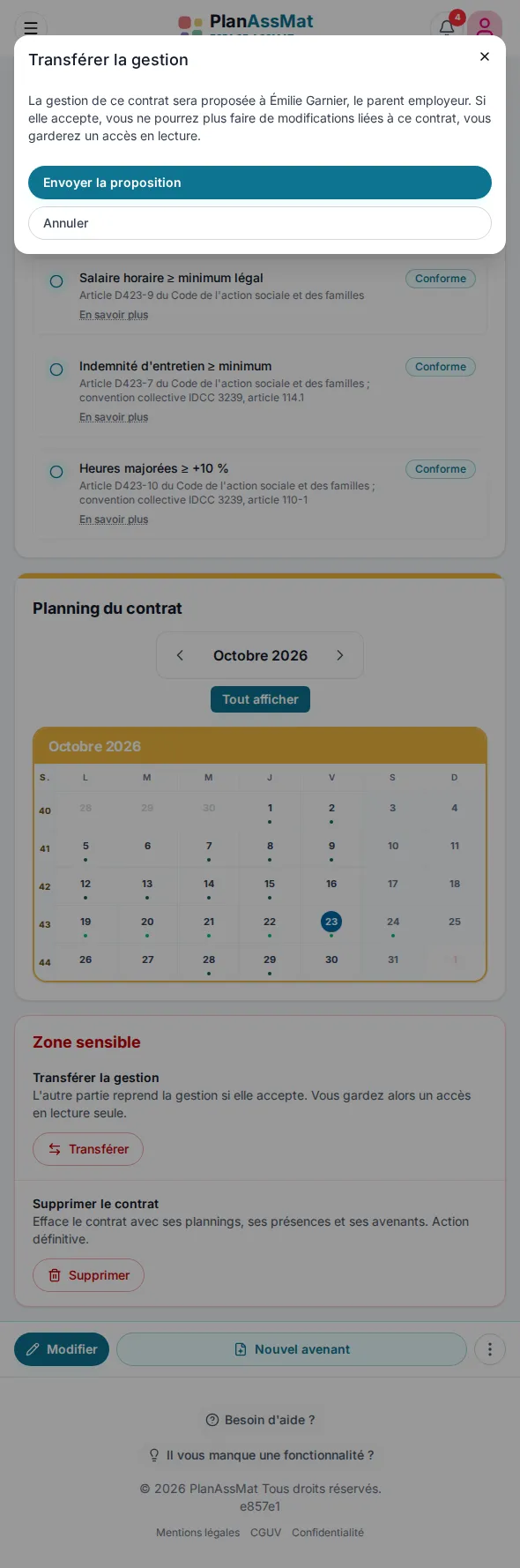 Boîte de dialogue « Transférer la gestion » d'un contrat PlanAssMat sur mobile : la gestion proposée au parent employeur, l'assmat garde un accès en lecture