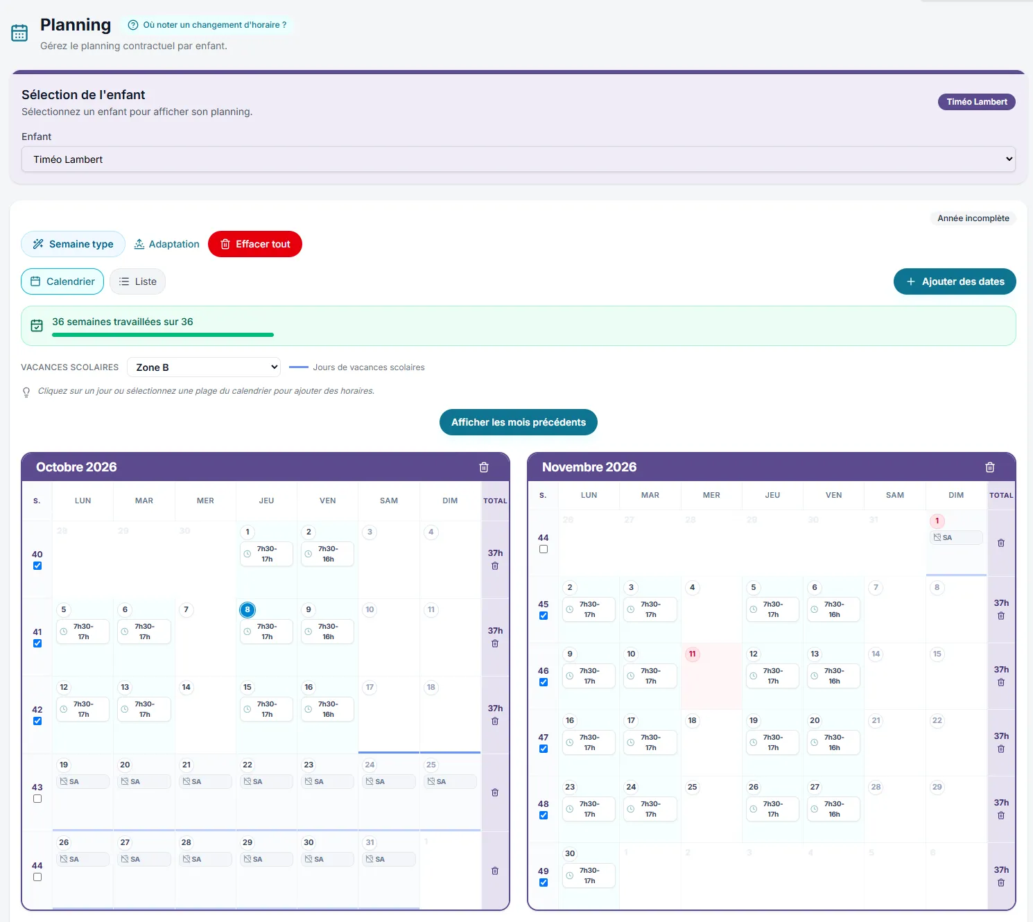 Planning annuel d'un contrat PlanAssMat : semaines travaillées, horaires par jour et vacances scolaires