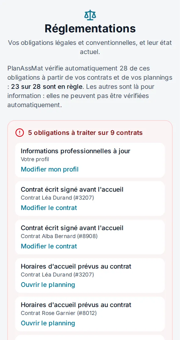 Réglementation PlanAssMat sur téléphone : les obligations à traiter en rouge en haut