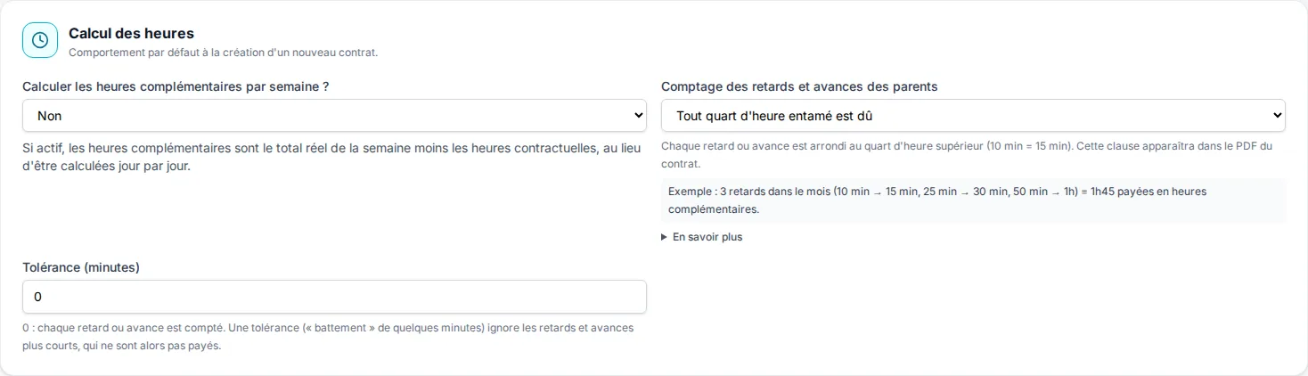 Réglage « Comptage des retards et avances des parents » PlanAssMat : arrondi au quart d'heure entamé, exemple calculé et tolérance en minutes