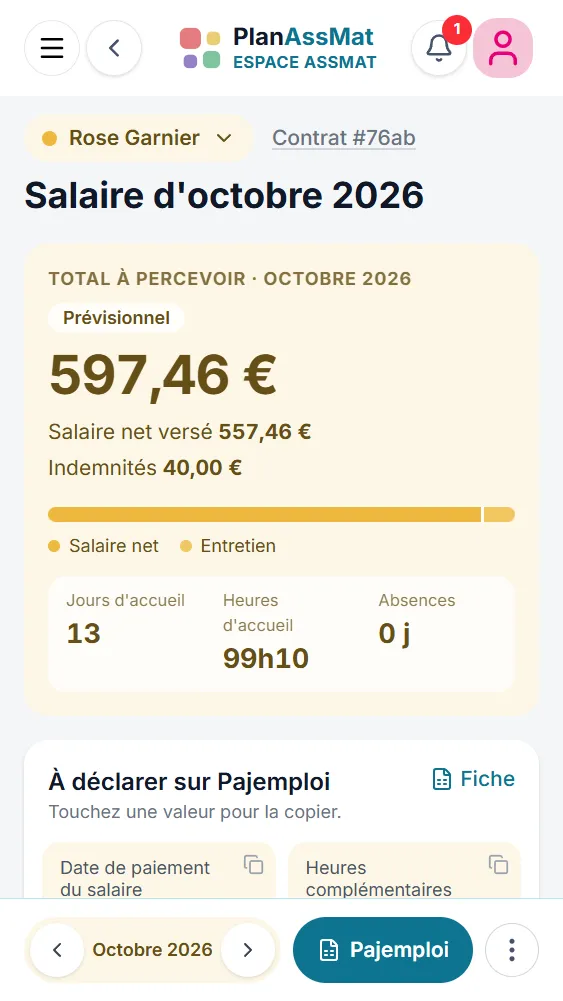 Fiche de salaire PlanAssMat sur téléphone : décomposition, indemnités et valeurs Pajemploi
