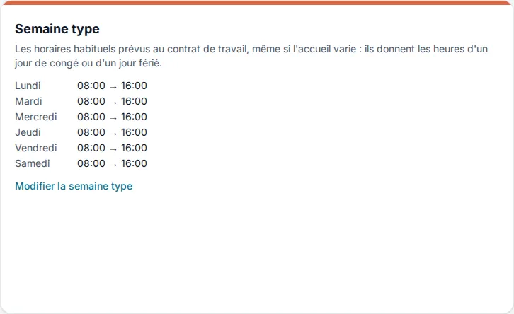 Carte « Semaine type » de la fiche contrat PlanAssMat : les horaires type de chaque jour enregistrés au contrat
